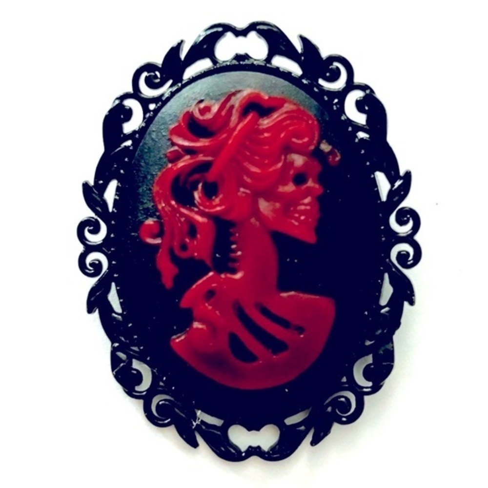 Black and Red Skeleton Lady Cameo Brooch, NWT, Handmade, Halloween